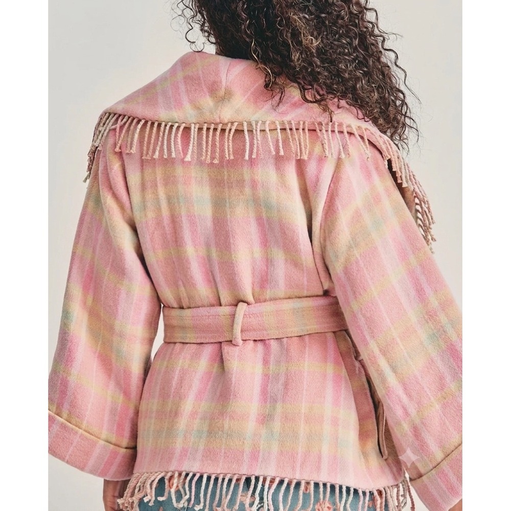 LoveShackFancy Harrison Wrap Jacket Oakwood Pink Plaid Fringe Wool Coat XS/S - Picture 3 of 10